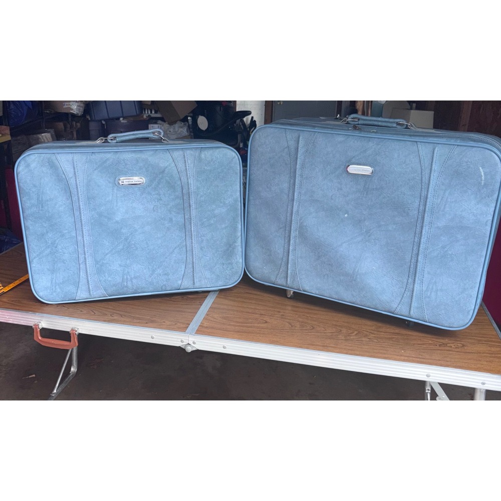 Vintage 1970s American Tourister Luggage Travel Set Hardside Ash Blue Retro